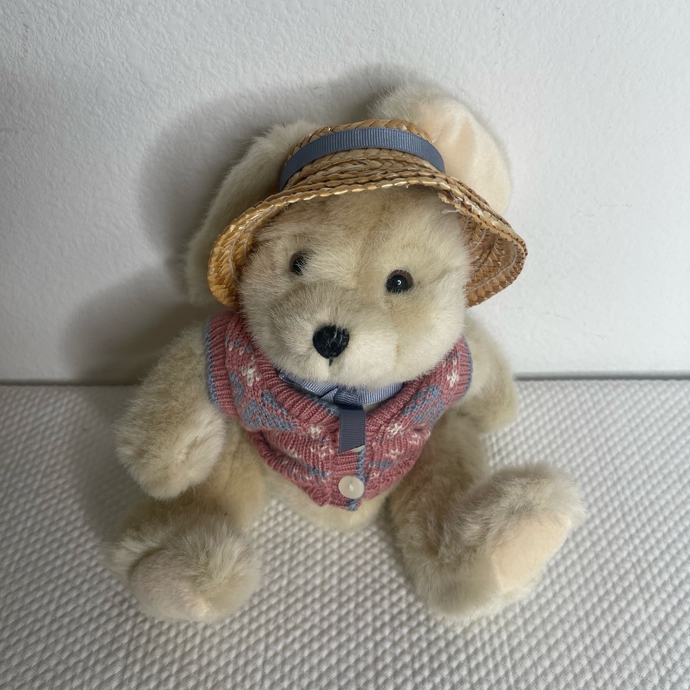 Vintage Bunny Bear Plush w/ Straw sun hat & Sweater Vest. Easter
